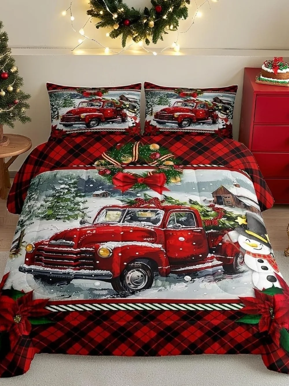 NIP King Size Christmas Plaid Red Truck Comforter & 2 Pillow Cases
